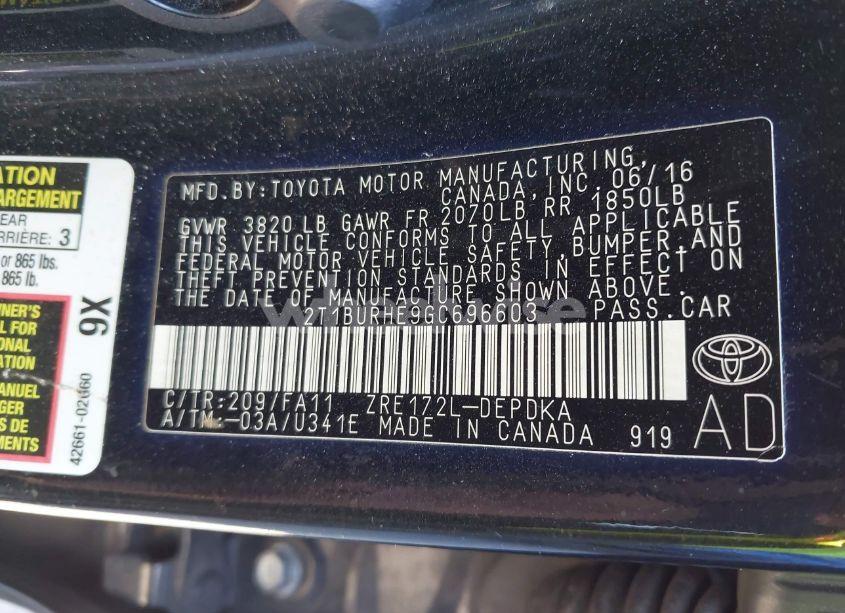 Photo 9 of 2016 Toyota Corolla L (VIN 2T1BURHE9GC696603)