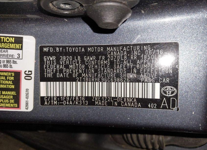 Photo 9 of 2016 Toyota Corolla LE (VIN 2T1BURHE9GC698626)