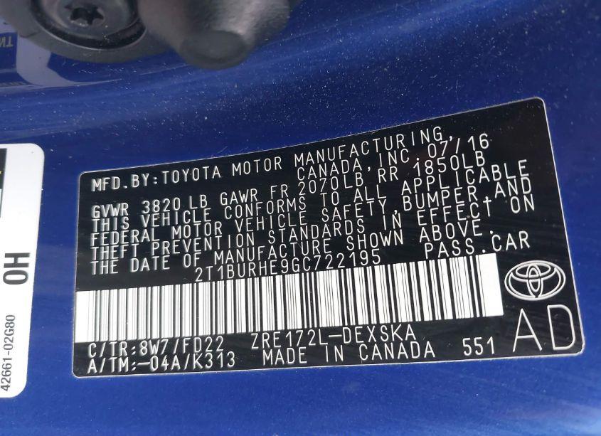 Photo 9 of 2016 Toyota Corolla S PLUS (VIN 2T1BURHE9GC722195)