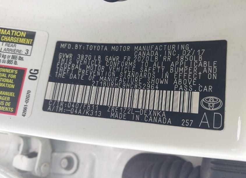 Photo 9 of 2017 Toyota Corolla LE (VIN 2T1BURHE9HC852964)