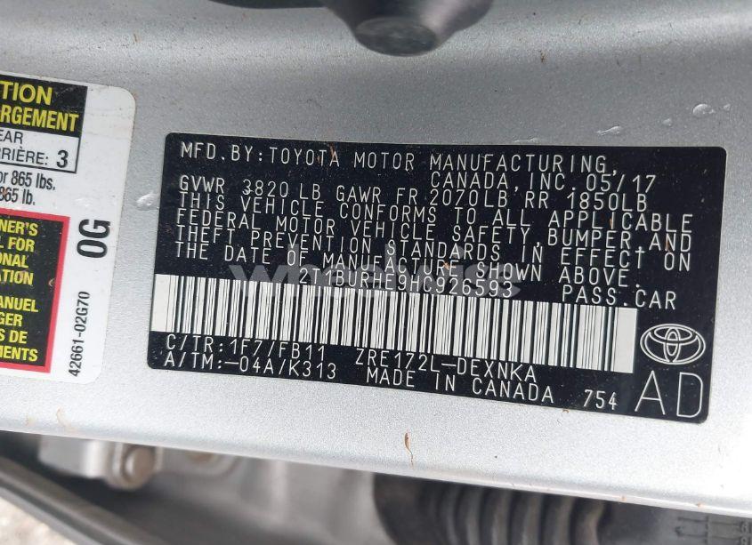 Photo 9 of 2017 Toyota Corolla LE (VIN 2T1BURHE9HC926593)