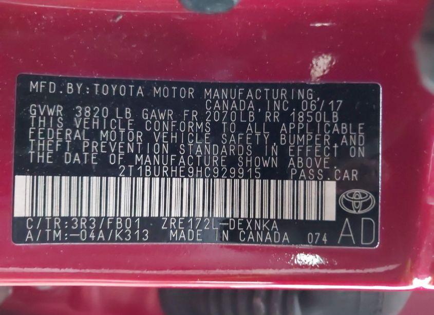 Photo 9 of 2017 Toyota Corolla LE (VIN 2T1BURHE9HC929915)