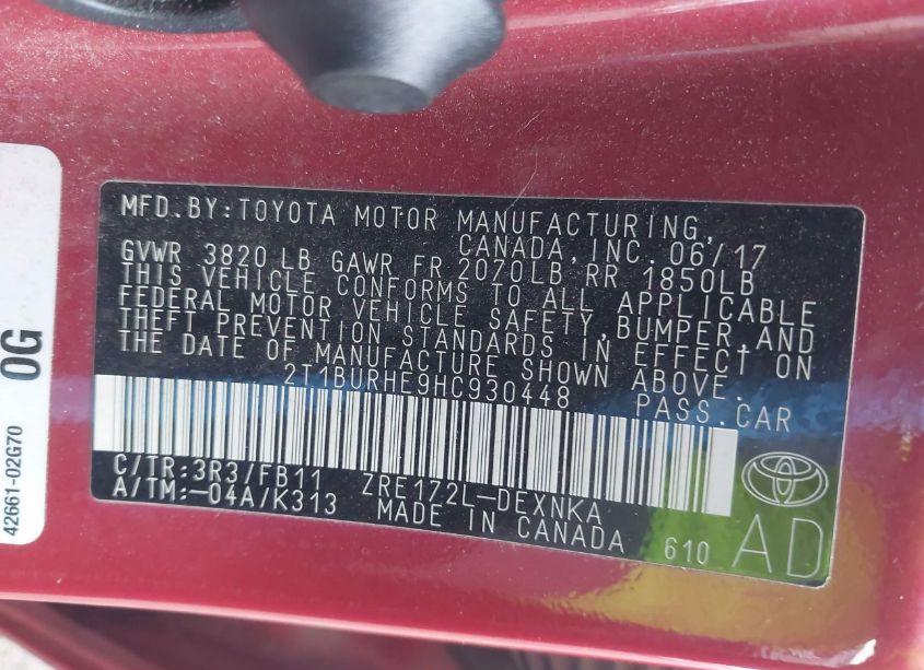 Photo 9 of 2017 Toyota Corolla LE (VIN 2T1BURHE9HC930448)