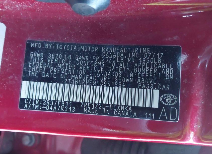 Photo 9 of 2017 Toyota Corolla LE (VIN 2T1BURHE9HC951994)