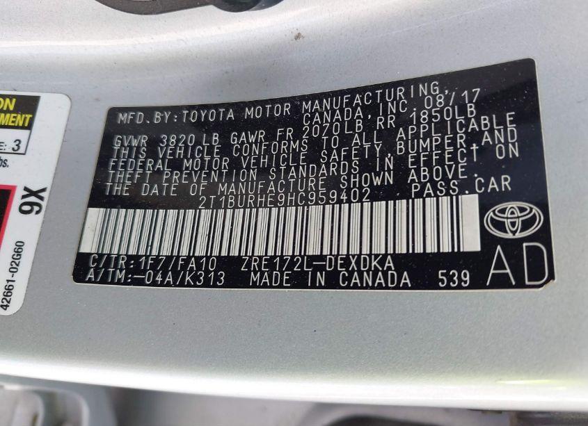 Photo 9 of 2017 Toyota Corolla L (VIN 2T1BURHE9HC959402)