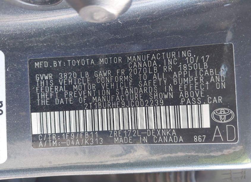 Photo 9 of 2018 Toyota Corolla LE (VIN 2T1BURHE9JC002239)