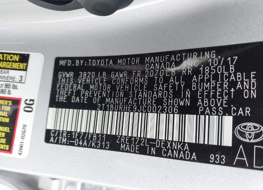 Photo 9 of 2018 Toyota Corolla LE (VIN 2T1BURHE9JC002306)