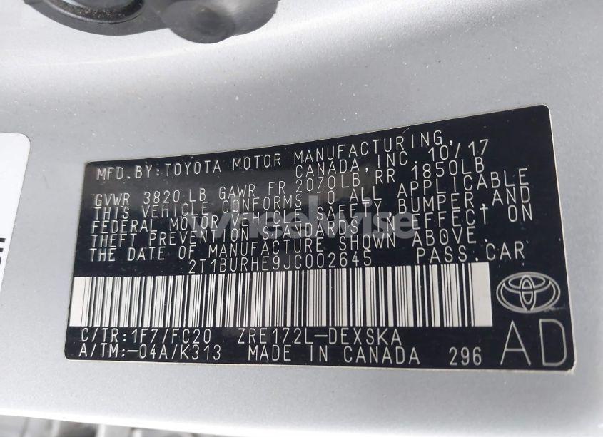 Photo 9 of 2018 Toyota Corolla SE (VIN 2T1BURHE9JC002645)