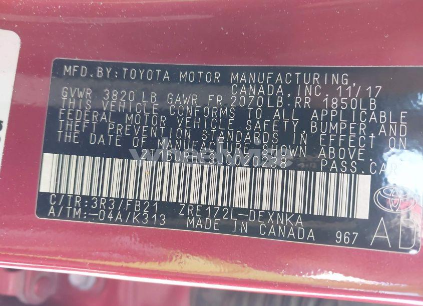 Photo 9 of 2018 Toyota Corolla LE (VIN 2T1BURHE9JC020238)