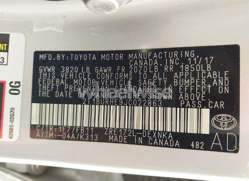 Photo 9 of 2018 Toyota Corolla LE (VIN 2T1BURHE9JC022863)