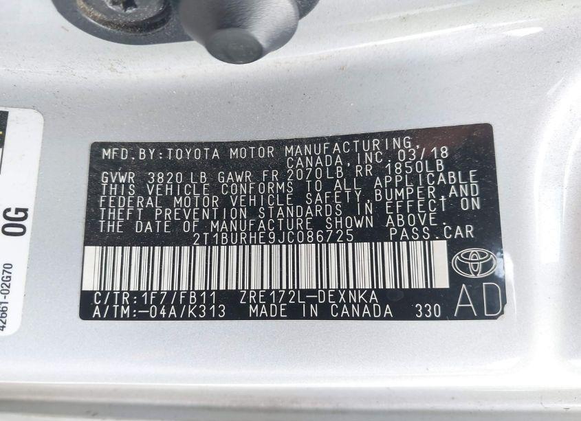 Photo 9 of 2018 Toyota Corolla LE (VIN 2T1BURHE9JC086725)