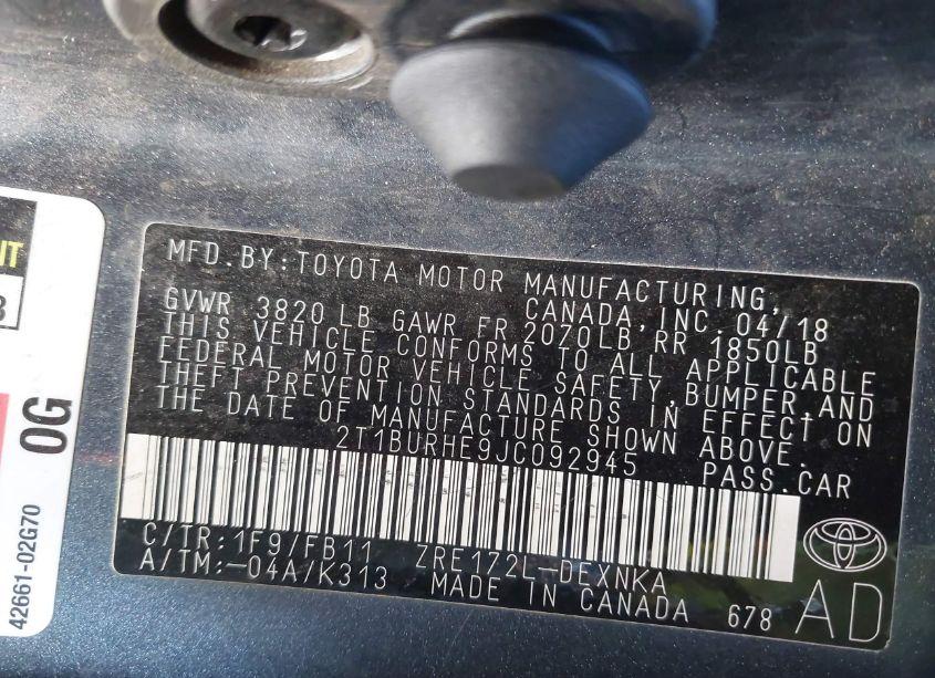 Photo 9 of 2018 Toyota Corolla LE (VIN 2T1BURHE9JC092945)