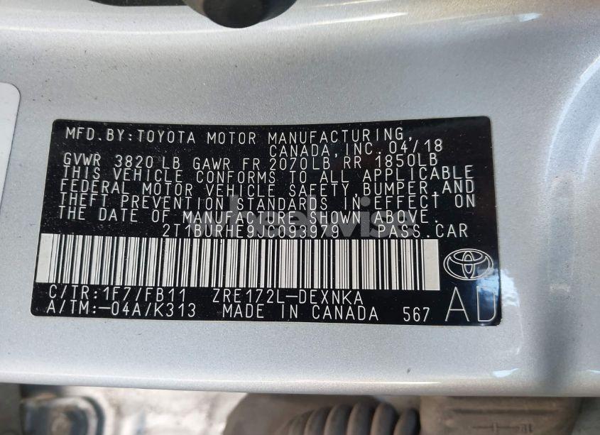 Photo 9 of 2018 Toyota Corolla LE (VIN 2T1BURHE9JC093979)