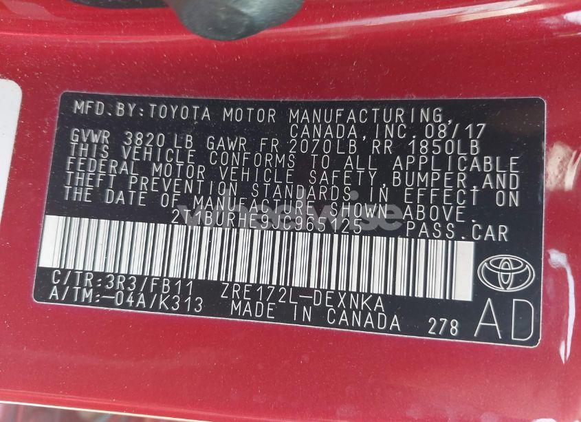 Photo 9 of 2018 Toyota Corolla LE (VIN 2T1BURHE9JC965125)