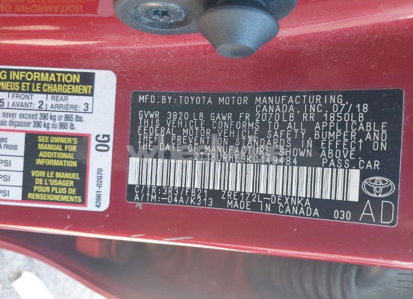 Photo 9 of 2019 Toyota Corolla LE (VIN 2T1BURHE9KC149484)