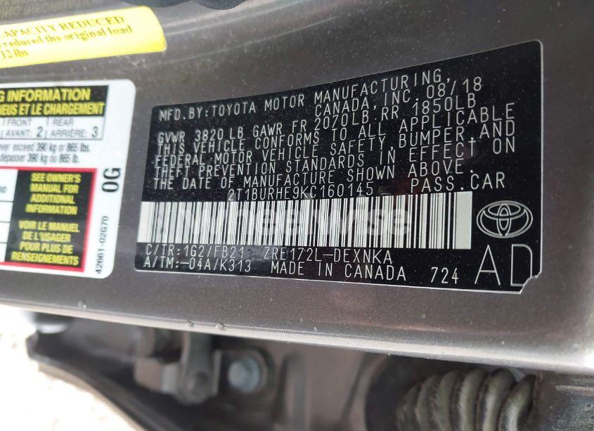 Photo 9 of 2019 Toyota Corolla LE (VIN 2T1BURHE9KC160145)