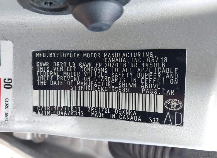 Photo 9 of 2019 Toyota Corolla LE (VIN 2T1BURHE9KC165989)