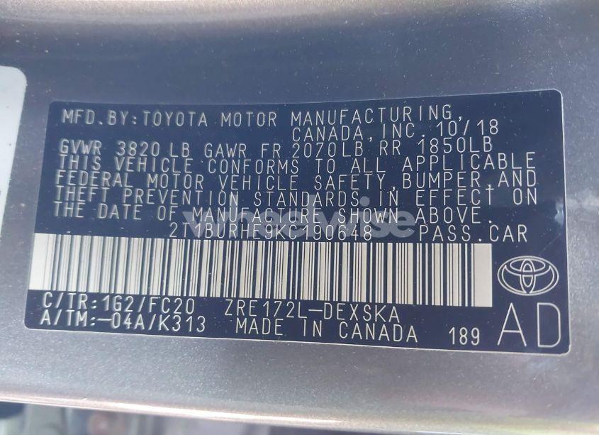 Photo 9 of 2019 Toyota Corolla SE (VIN 2T1BURHE9KC190648)