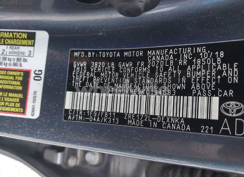 Photo 9 of 2019 Toyota Corolla LE (VIN 2T1BURHE9KC194683)