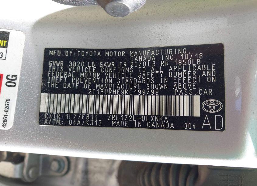 Photo 9 of 2019 Toyota Corolla LE (VIN 2T1BURHE9KC199799)