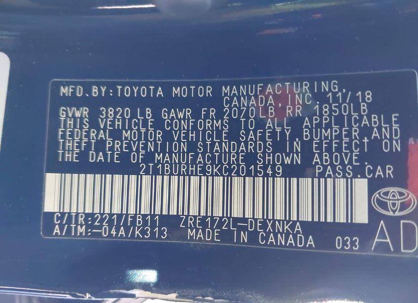 Photo 9 of 2019 Toyota Corolla L/LE/XLE/SE/XSE (VIN 2T1BURHE9KC201549)