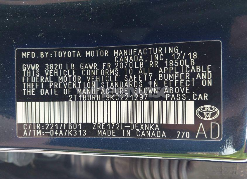 Photo 9 of 2019 Toyota Corolla LE (VIN 2T1BURHE9KC221297)