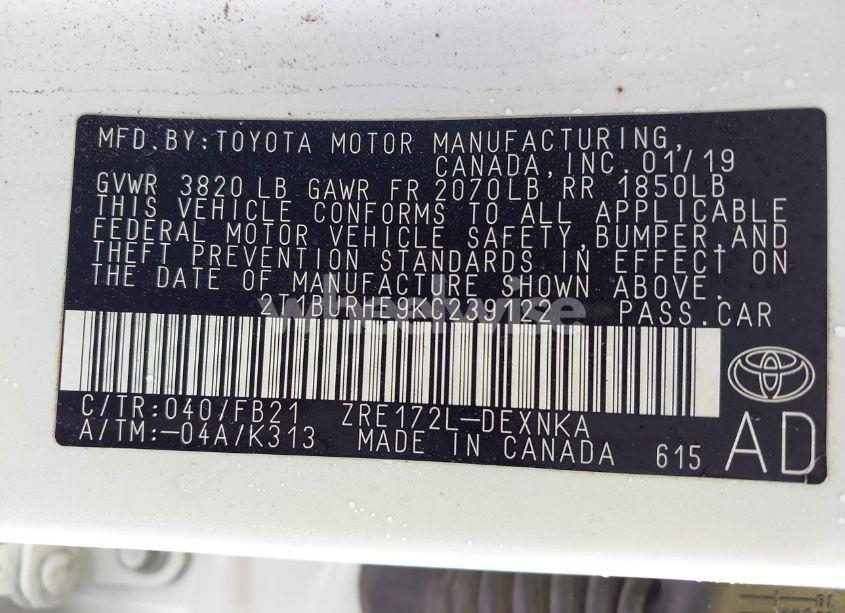 Photo 9 of 2019 Toyota Corolla LE (VIN 2T1BURHE9KC239122)