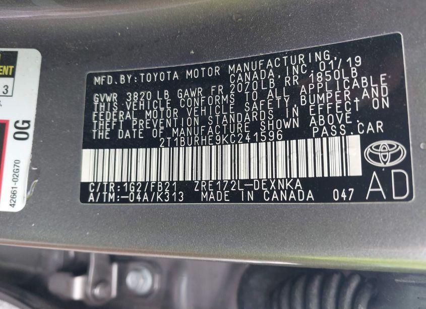 Photo 9 of 2019 Toyota Corolla LE (VIN 2T1BURHE9KC241596)