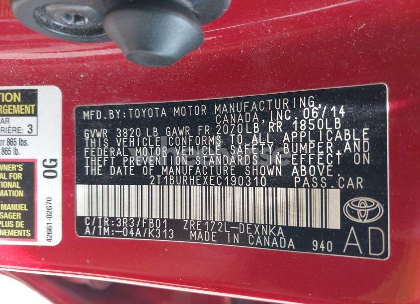 Photo 9 of 2014 Toyota Corolla LE (VIN 2T1BURHEXEC190310)