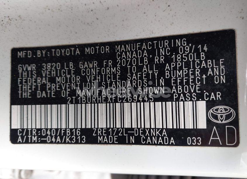 Photo 9 of 2015 Toyota Corolla LE (VIN 2T1BURHEXFC269445)