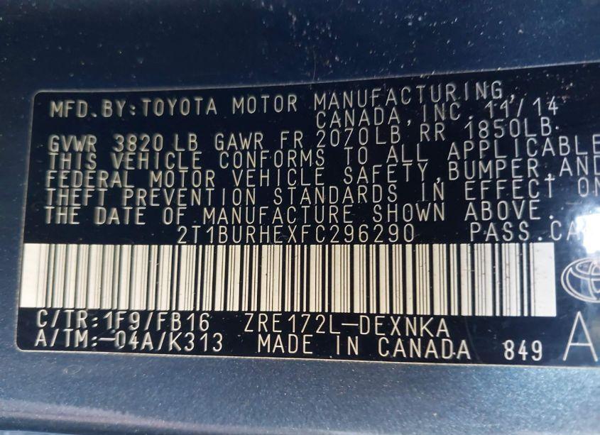 Photo 9 of 2015 Toyota Corolla LE (VIN 2T1BURHEXFC296290)