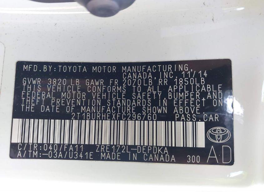 Photo 9 of 2015 Toyota Corolla L (VIN 2T1BURHEXFC296760)