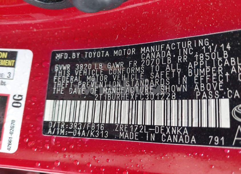 Photo 9 of 2015 Toyota Corolla LE (VIN 2T1BURHEXFC301228)