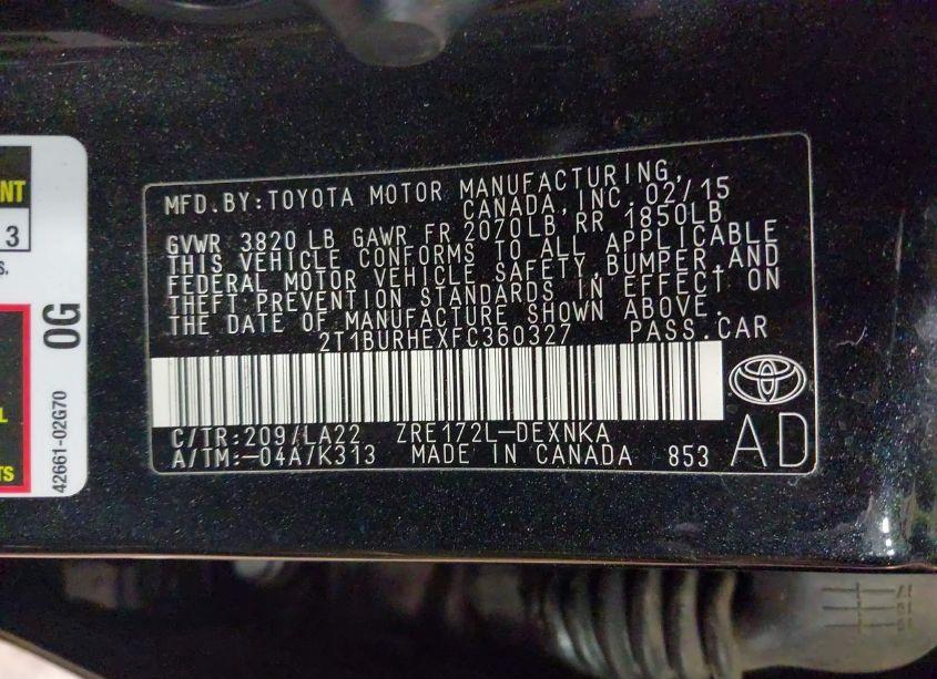 Photo 9 of 2015 Toyota Corolla LE PREMIUM (VIN 2T1BURHEXFC360327)