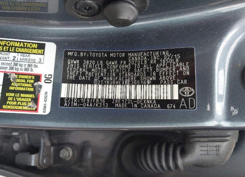 Photo 9 of 2015 Toyota Corolla LE (VIN 2T1BURHEXFC365169)