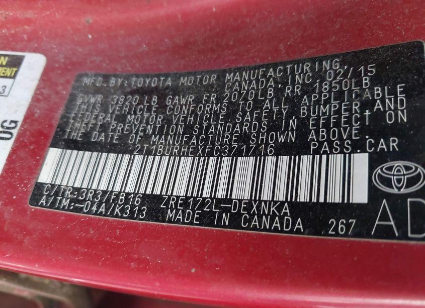 Photo 9 of 2015 Toyota Corolla LE (VIN 2T1BURHEXFC371716)