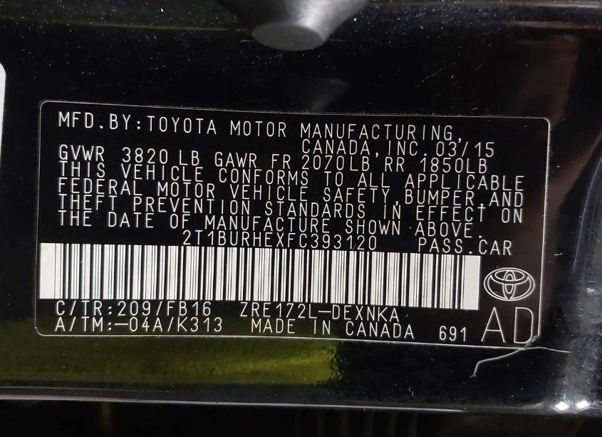 Photo 9 of 2015 Toyota Corolla LE (VIN 2T1BURHEXFC393120)