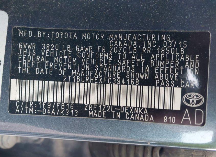 Photo 9 of 2015 Toyota Corolla LE (VIN 2T1BURHEXFC394168)