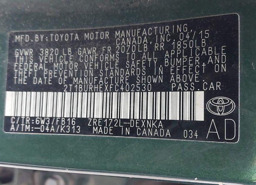 Photo 9 of 2015 Toyota Corolla LE (VIN 2T1BURHEXFC402530)