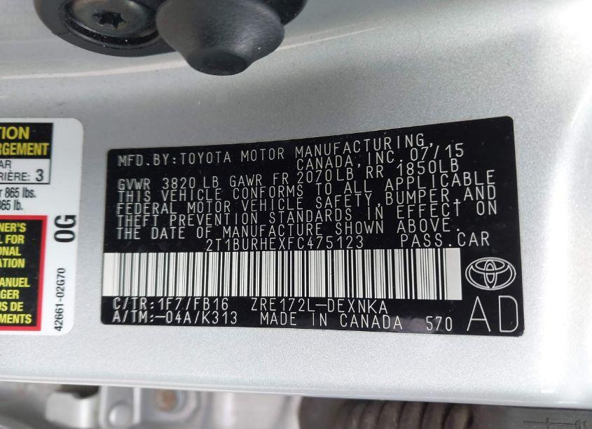 Photo 9 of 2015 Toyota Corolla LE (VIN 2T1BURHEXFC475123)