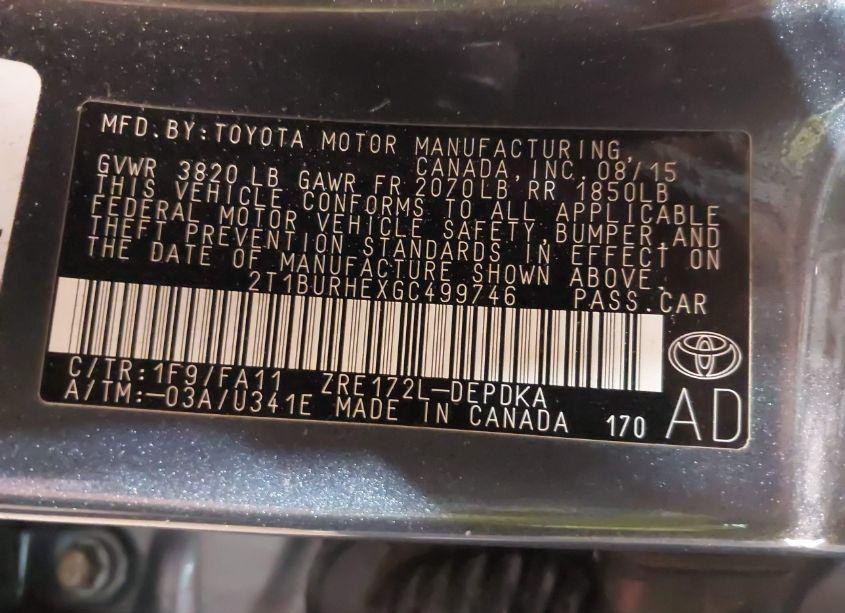 Photo 9 of 2016 Toyota Corolla L (VIN 2T1BURHEXGC499746)