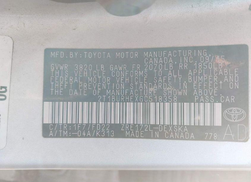 Photo 9 of 2016 Toyota Corolla S (VIN 2T1BURHEXGC518358)