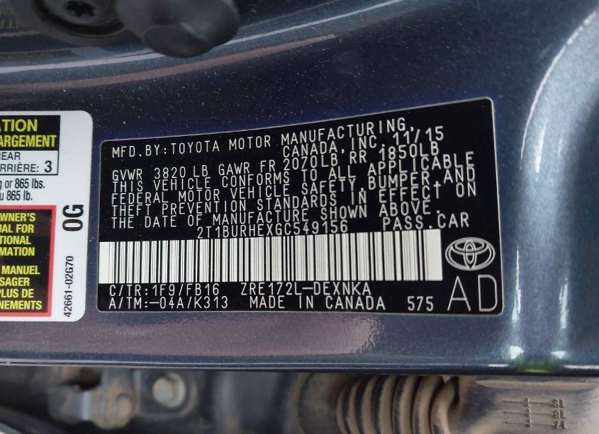 Photo 9 of 2016 Toyota Corolla LE (VIN 2T1BURHEXGC549156)