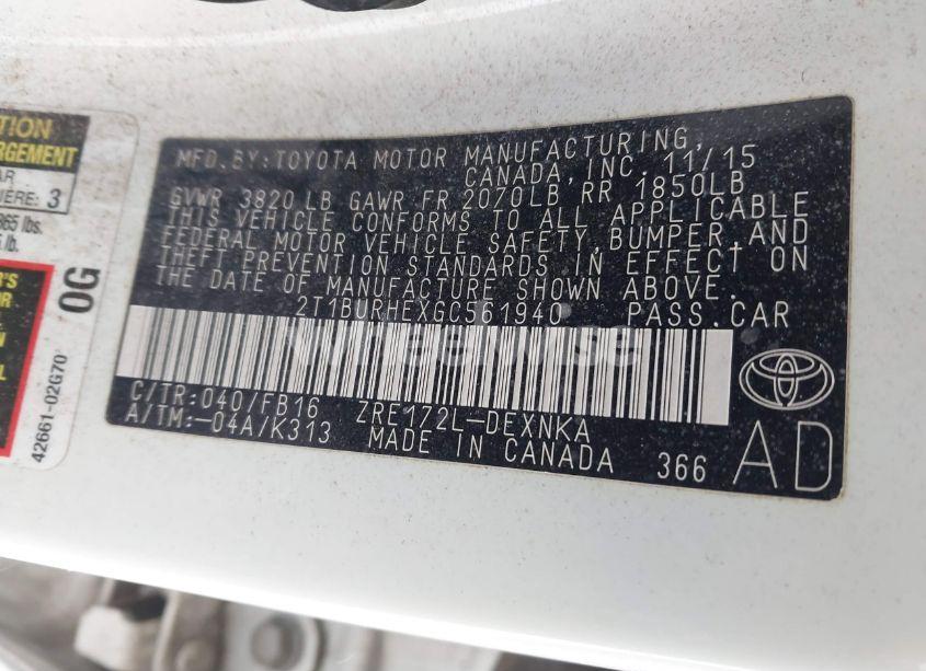 Photo 9 of 2016 Toyota Corolla LE (VIN 2T1BURHEXGC561940)