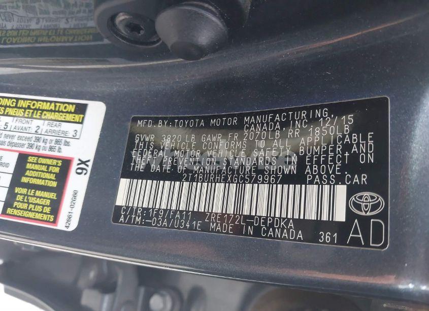 Photo 9 of 2016 Toyota Corolla L (VIN 2T1BURHEXGC579967)