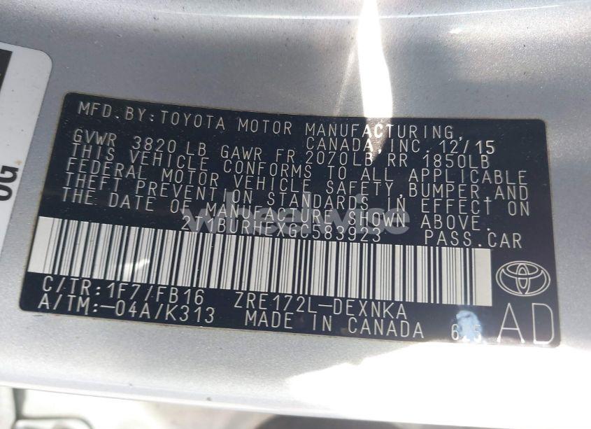 Photo 9 of 2016 Toyota Corolla LE (VIN 2T1BURHEXGC583923)