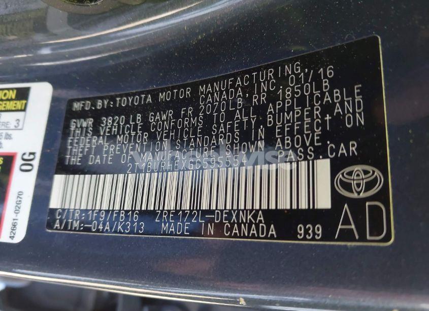 Photo 9 of 2016 Toyota Corolla LE PLUS (VIN 2T1BURHEXGC595554)