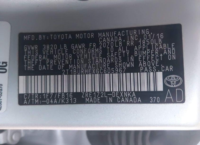 Photo 9 of 2016 Toyota Corolla LE (VIN 2T1BURHEXGC605967)