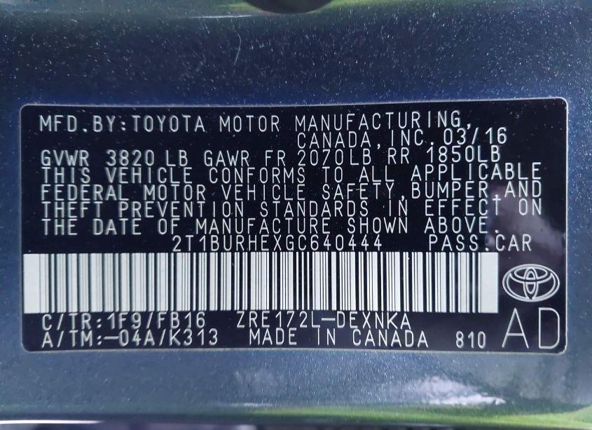 Photo 9 of 2016 Toyota Corolla LE (VIN 2T1BURHEXGC640444)