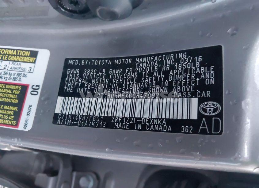 Photo 9 of 2016 Toyota Corolla LE (VIN 2T1BURHEXGC647992)